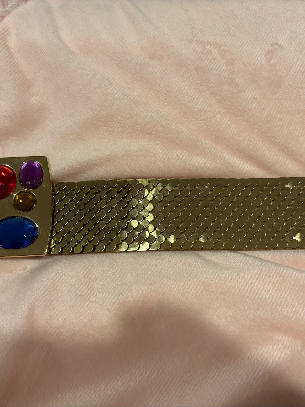 Gold Tone Stretch Belt with Multicolored Gem Accent, gold snake-scale.